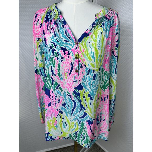 New Lilly Pulitzer Silk Elsa Multicolor Silk Floral Button Blouse Top XL - Picture 5 of 11